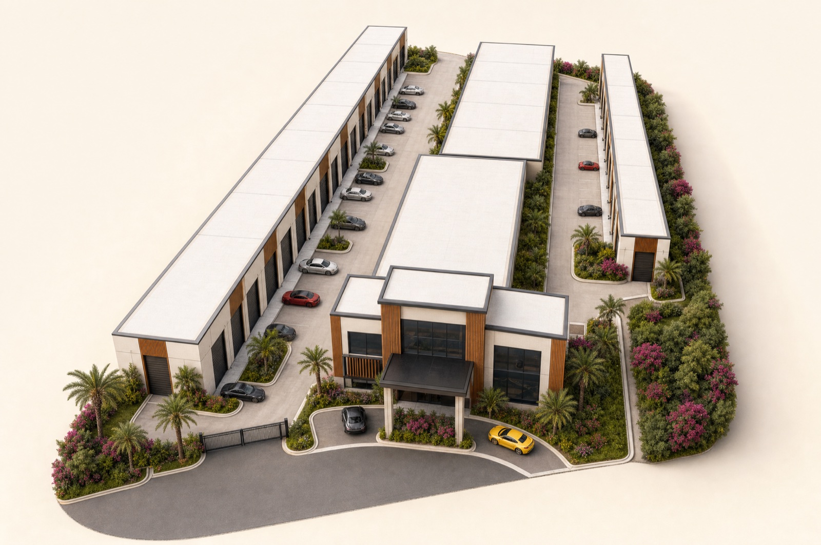 Illustrated aerial view of the Luxe Dream Garage Waterside campus