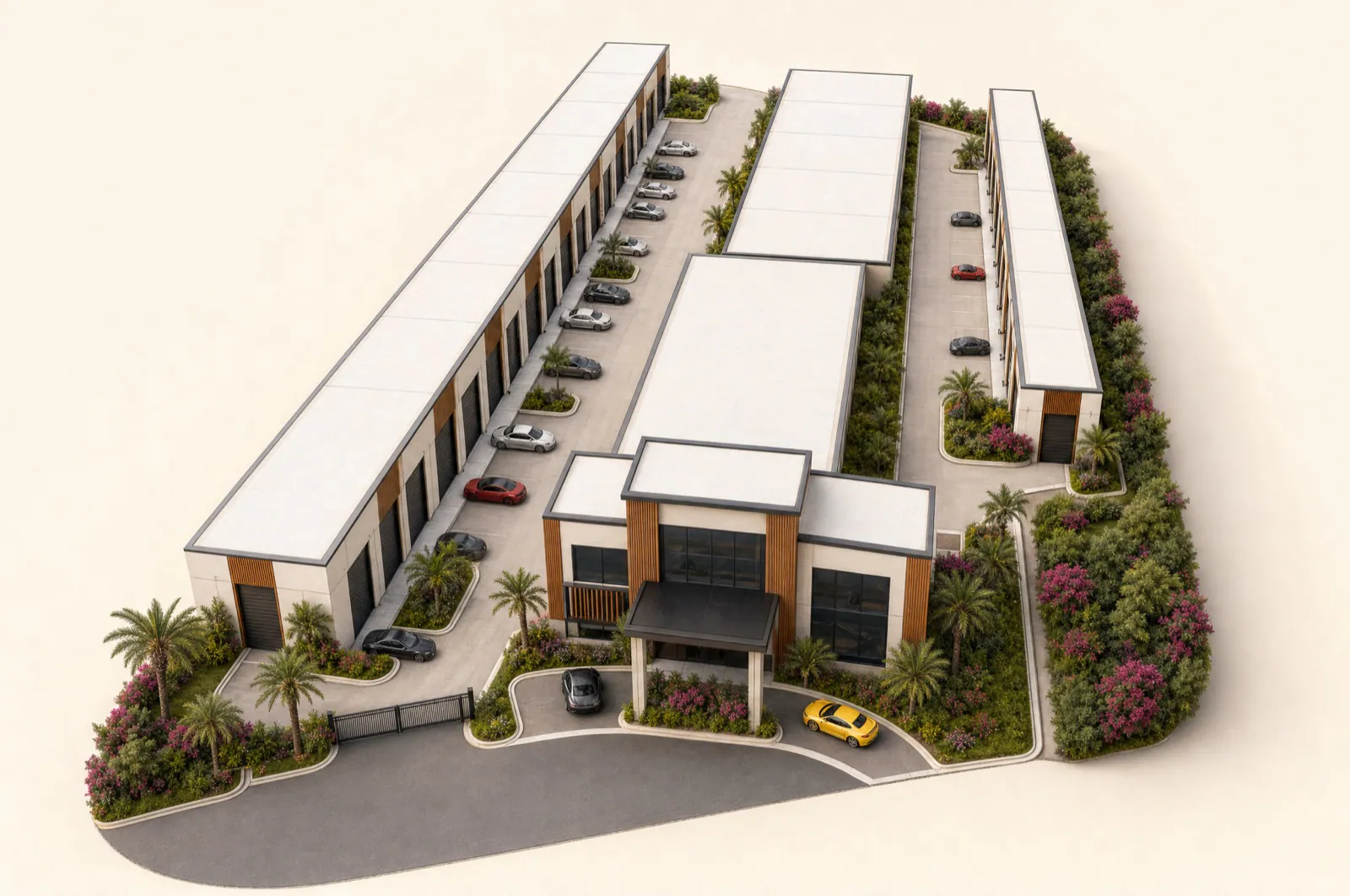 Illustrated aerial view of the Luxe Dream Garage Waterside campus