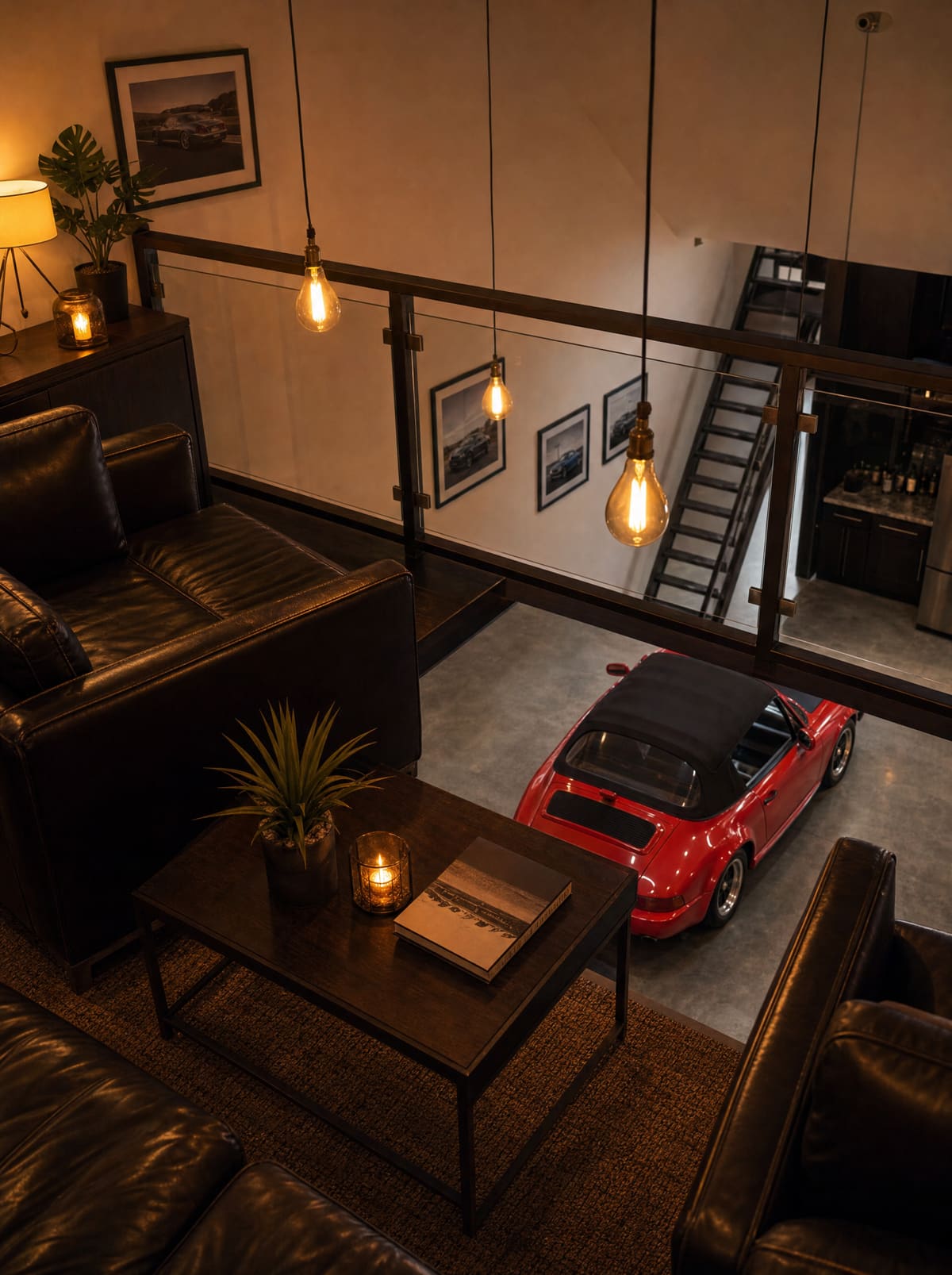 Mezzanine lounge overlooking a collector car in a finished Luxe Dream Garage unit